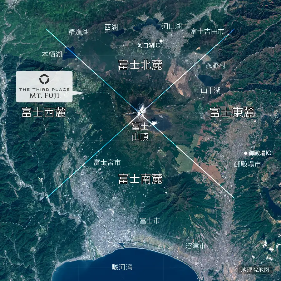 富士山を中心としたの東西南北の地理状況が分かる画像